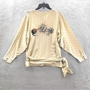 Laurel Women's Polka Beige Silk Button Up Belted Soft Blouse Top Shirt Size 42eu